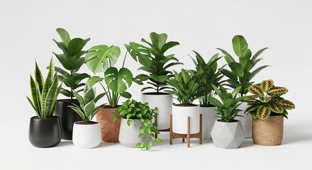 Obraz premium Collection of various potted houseplants including monstera and snake plant in modern planters for home decor and interior design isolated on white