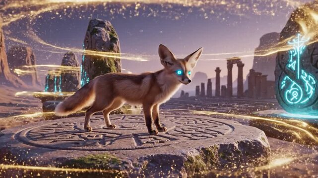 Fennec Fox Walking on Stone Platform in Desert Landscape with Ancient Ruins and Glowing Runes Animation Loop for