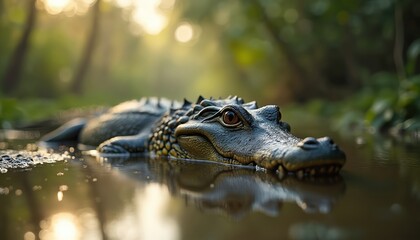 Obraz premium Alligator rests in murky shallow water near muddy shore. Reptile has textured skin and sharp teeth, its eyes watch intently. Sun shines through forest trees creating soft bokeh.