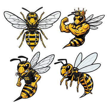Vector Hornet and Wasp Mascot Set with Muscular Poses and Sharp Stingers