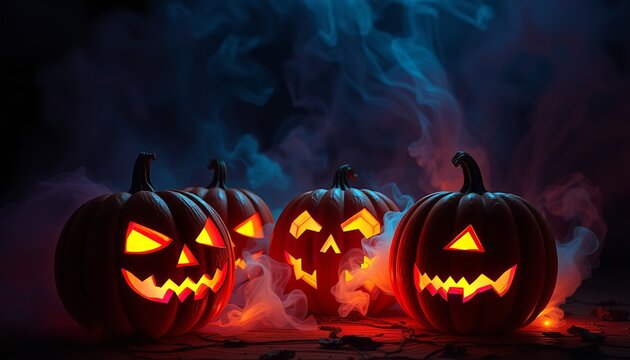 Eerie Glow: Group of Carved Jack-O'-Lanterns with Smoke