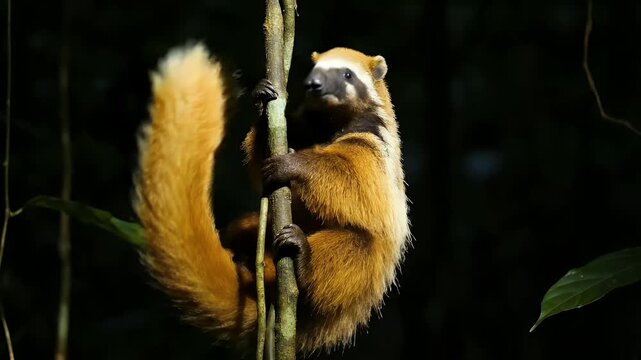 Yellow Coati Clinging to a Tree Branch in Dark Amazon Rainforest