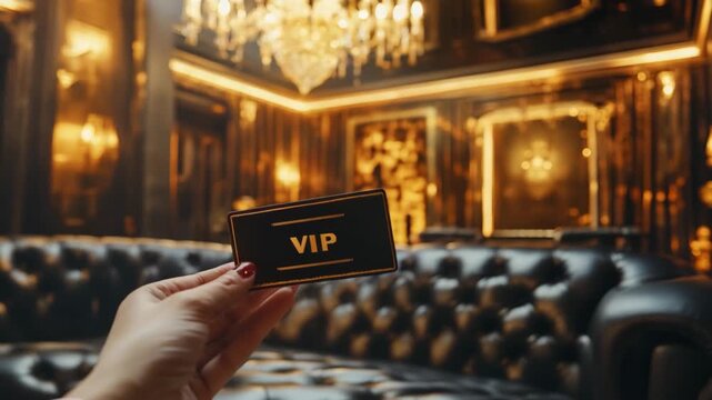 Hand holding VIP card in luxury hotel lobby 