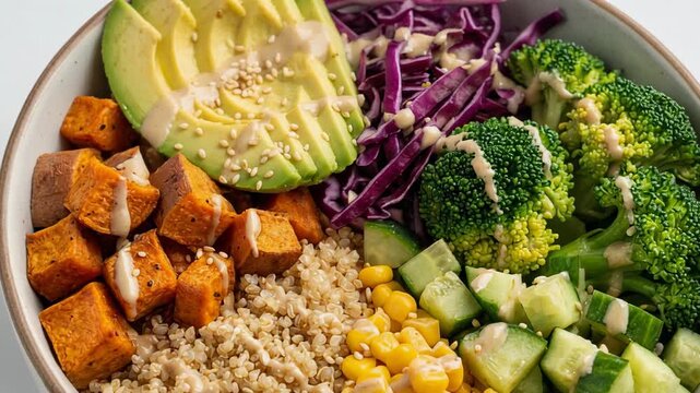 Healthy vegan Buddha bowl with avocado sweet potato quinoa broccoli cucumber corn and purple cabbage