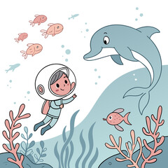 Obraz premium A whimsical underwater scene with a child in a bubble helmet swimming with friendly sea creatures, storybook illustration