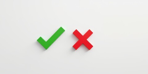 Obraz premium Check mark and cross mark symbols on a light background indicating approval and disapproval.