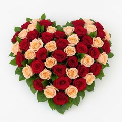 Heart shaped bouquet of red and peach roses isolated on white background