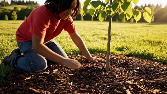 Young adult woman gardening in a sunny field, hands spreading mulch around a young tree, eco friendly planting and conservation, Earth Day nature care mood