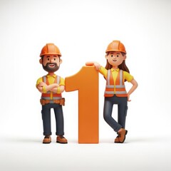 Construction workers with number one isolated on white background