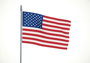 American flag waving on a pole isolated on white background