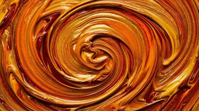 Abstract golden and bronze metallic paint swirl texture with glossy shiny smooth surface and rich warm colors