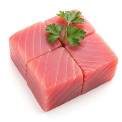 Fresh tuna steaks with parsley isolated on white background