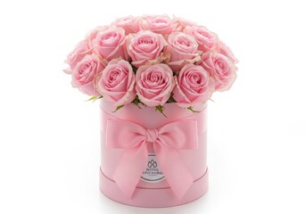 Pink roses bouquet in a pink cylindrical box isolated on white background