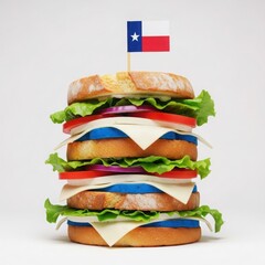 Texas style triple decker burger with flag isolated on white background