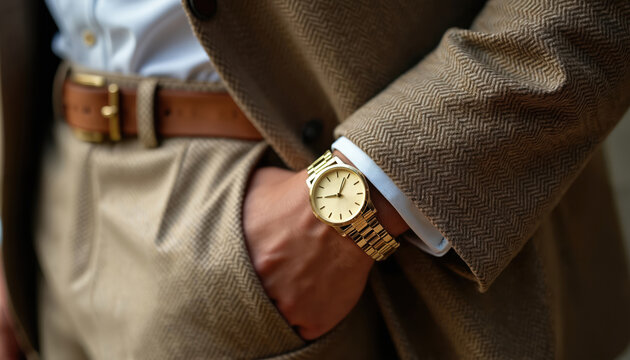 Man wears gold wristwatch and brown suit jacket. Close up shot of person in formal attire showing luxury accessory, wristband, and clothing. Gentleman has elegant style.