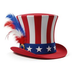 Uncle sam top hat with red white and blue feathers isolated on white background