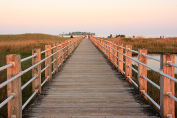 Obraz premium Path to the beach at sunset in Silver Sands State Park, Milford, Connecticut
