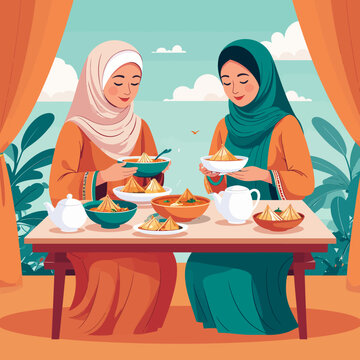 Muslim Couple Waiting for Iftar Meal Break Fast Vector Illustration
