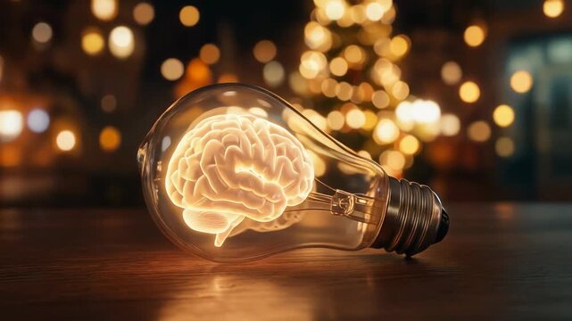 Creative glowing light bulb with human brain inside symbolizing innovation and bright ideas in warm ambient setting
