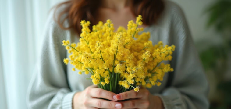 Woman holds yellow mimosa flowers. Bright spring bouquet in soft hands, representing nature beauty gift. Feminine gesture of affection and happiness. Floral arrangement.