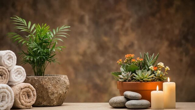 Relaxing spa setting with green plant rolled towels succulent flowers candles and smooth stones on wooden surface