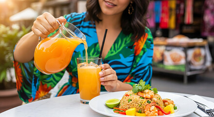 Woman Pouring Orange Juice at Outdoor Table with Shrimp Rice Dish