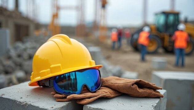 Yellow hard hat safety goggles and gloves rest on concrete blocks at construction site. Workers and heavy machinery operate in background. Protective gear signifies job site safety.