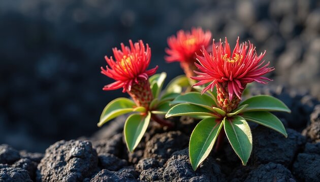 Red Lehua blossoms grow on Ohia trees in a volcanic crater. Native Hawaiian flora thrives on dark lava rocks, symbolizing resilience and new beginnings in harsh environments.