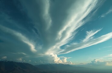 Wide panoramic view of majestic mountains under dramatic sky with layered clouds. Wispy cirrus clouds streak across blue expanse, contrasting with cumulus formations over peaks. Autumn weather