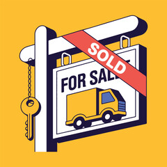For Sale Sign with Truck and Key, Sold Banner © MdMezbahul