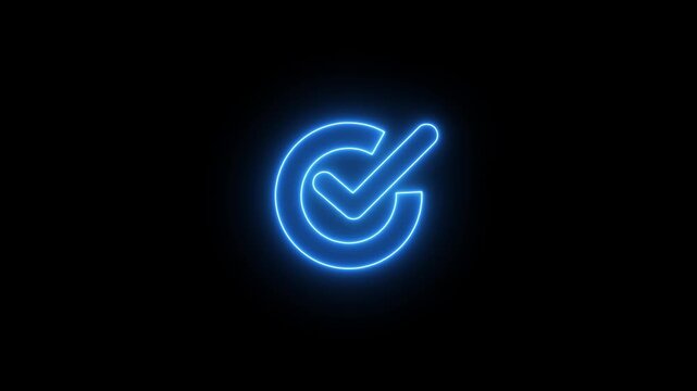 Animation of check mark icon background. Neon Tick mark icon seamless loop.Glowing neon line Tick mark or confirm icon animation.Minimal neon Check Mark icon on black background. 4k video