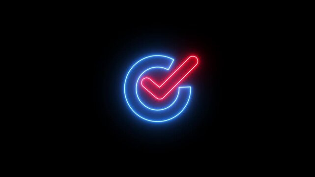 Animation of check mark icon background. Neon Tick mark icon seamless loop.Glowing neon line Tick mark or confirm icon animation.Minimal neon Check Mark icon on black background. 4k video