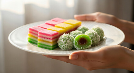 Serving Colorful Layered Cake and Coconut Balls on Plate called Klepon