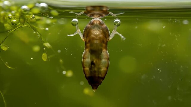Damselfly Nymph Larva hanging from surface tension detailed macro