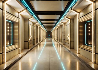 Fototapeta premium A futuristic corridor bathes in an ethereal glow of blue and pink neon lights
