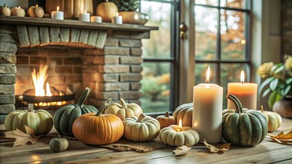 Warm golden light spills across a rustic autumn scene, as pumpkins and candles create a cozy ambiance around a crackling fireplace