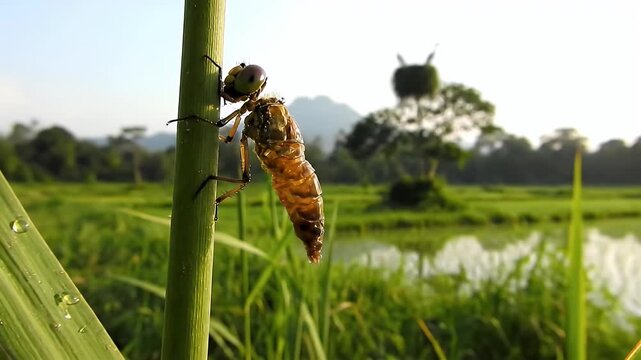 Newborn Dragonfly Drying Wet Wings After Metamorphosis at Dawn