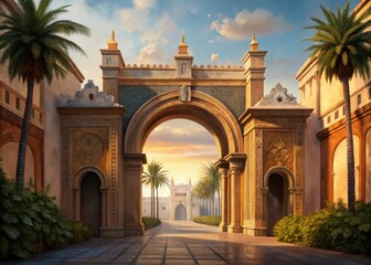 Obraz premium Ancient Moorish gateway arches adorn Cadizs 16thcentury town walls in a striking blend of Spanish and Arabic architectural styles