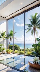 Fototapeta premium Here is the expanded metadata for the input concept Indoor oasis with floortoceiling windows showcasing lush tropical foliage and serene ocean vi