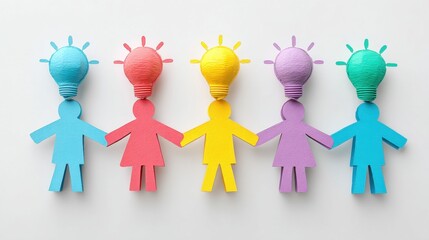 Colorful Paper Cutout Figures Holding Hands with Lightbulbs Representing Ideas and Creativity