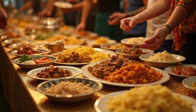 People serve themselves varied dishes from a long table covered with golden cloth. A festive potluck dinner with lots of food creates a warm atmosphere for family and friends to enjoy together.