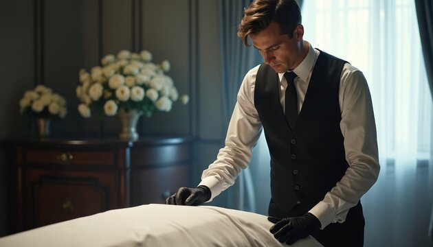 Man in formal wear gloves prepares body covered in sheet. Funeral director works with deceased. Respectful solemnity observed during final rites and memorial preparation.