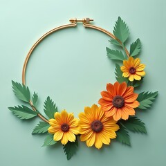 Obraz premium Paper flowers arranged in circle on hoop. Green leaves and yellow orange blooms create festive floral wreath. Bright, simple craft decor for design.