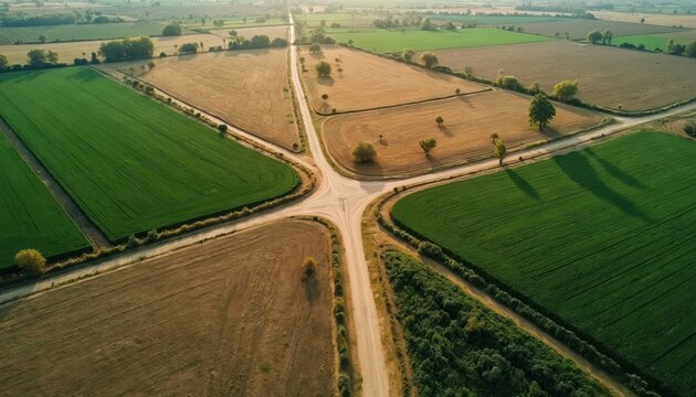 Aerial view of crossroads in cultivated agricultural fields with green, brown crops under soft sunlight. Top-down perspective shows geometric land plots divided by dirt paths, suggesting land