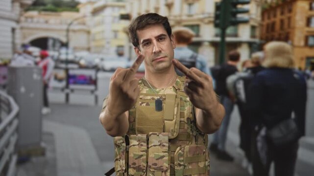 Man soldier in camouflage vest and dog tags showing middle fingers on street; defiance protest tension.