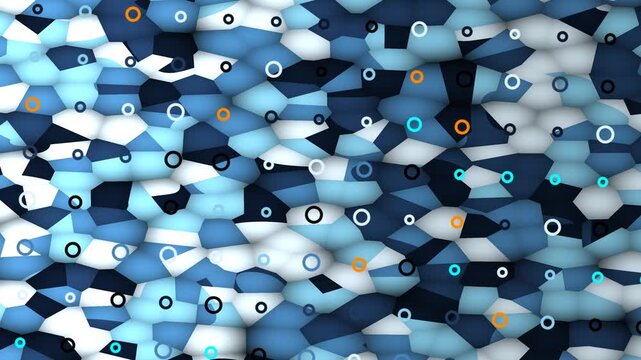 Abstract blue and white geometric pattern with small circles.