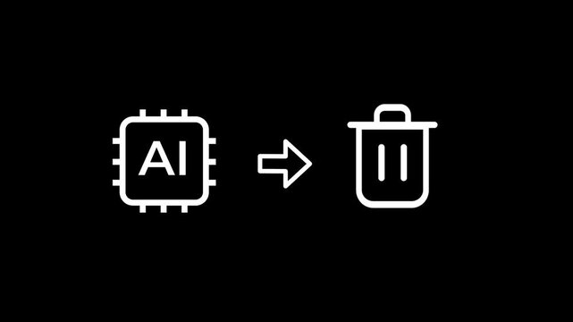 An artificial intelligence symbol points toward a trash bin icon representing the automated detection and removal of low quality or unwanted content generated by machine learning algorithms today