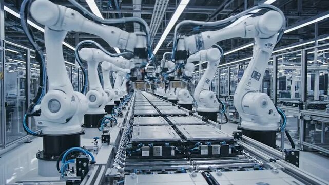 Synchronized Precision Automated Robots Collaborating Seamlessly Inside Smart Factory Environment.