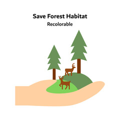 Vector illustration showing deer species in a forest habitat with lush trees and natural scenery, representing forest conservation, wildlife protection, and environmental awareness for eco campaigns