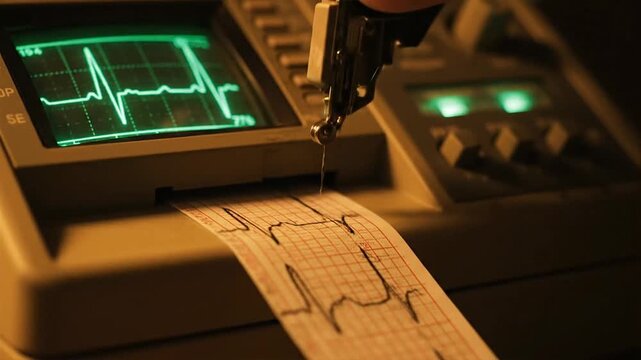 A medical professional operates an ecg machine, printing a heart rate graph on paper in a clinical setting.